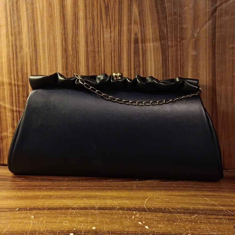 Vintage 1950s black deep navy leatherette classic clutch purse prom formal